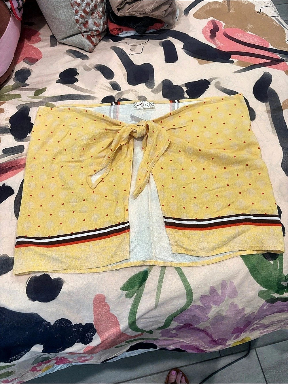 Free People Vintage FP One Yellow Polka Dot Tie Front Wrap Mini Skirt OS